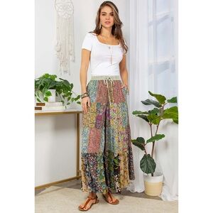 NWT Young Threads Patchwork Wide Leg Boho Pants Green Small Spring